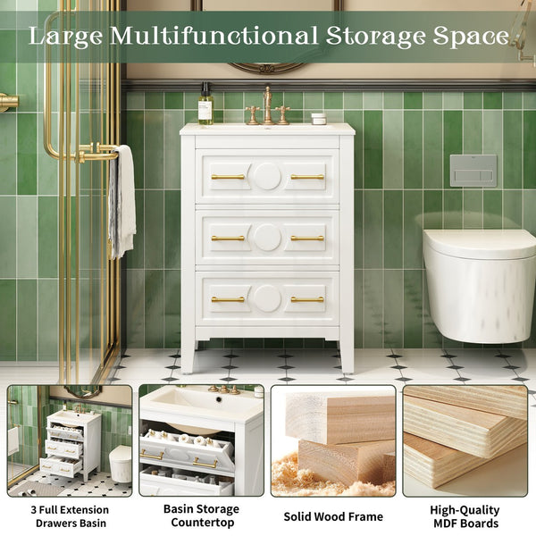 English Elm 24'' Bathroom Vanity with Ceramic Sink and 3 Drawers Retro Solid Wood Frame Freestanding Storage White N710P371184K
