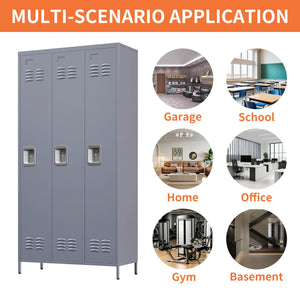 English Elm 3 Door 72"H metal lockers with locks — durable steel storage cabinet for gym, office, school security and organization T2398P151995