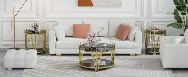 English Elm 31.5inch Modern Luxury Gold Coffee Table with Two-Tier Storage, Tempered Glass Top, Elegant Crown Design Black W1550P171454