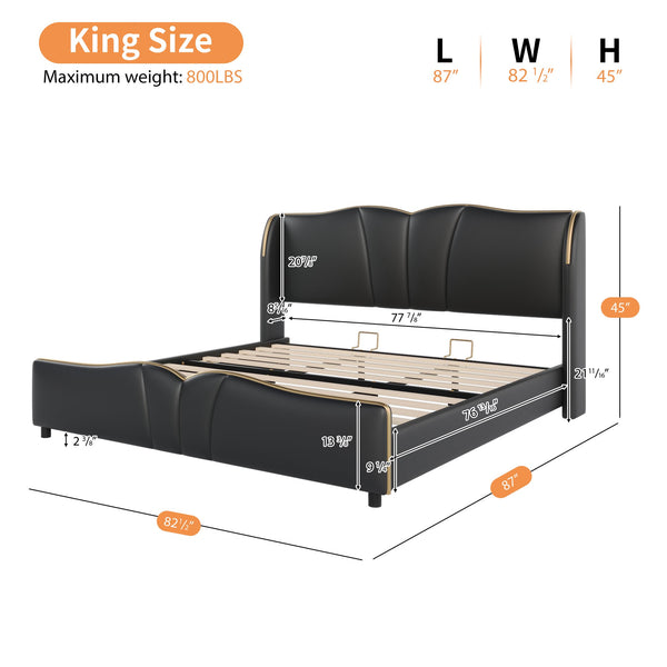English Elm Christopher Knight Home® - King PU Leather Bed Frame with Wingback Headboard & Footboard, Gold Accents, Platform Slat Support, Elegant Design Black 85 L x 10 W x 3.25 H N761S0000017B