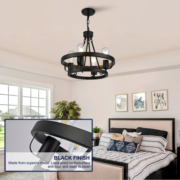 English Elm Four-light Wagon Wheel Pendant Matte Black Metal Industrial Plug-in Dining Fixture W2991P407027