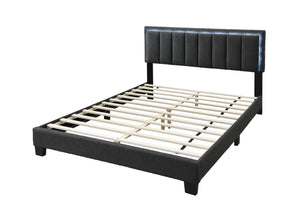 English Elm 1pc Queen Size Bed Wool Upholstered Platform with Channel Tufted Headboard and Built‑In LED Lighting Charcoal 66 L x 29 W x 9 H B011P238968