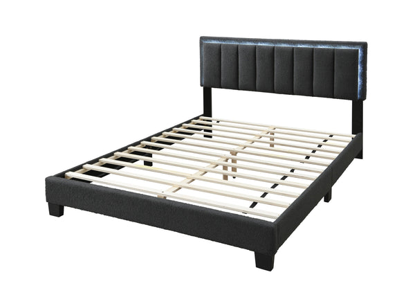 English Elm 1pc Queen Size Bed Wool Upholstered Platform with Channel Tufted Headboard and Built‑In LED Lighting Charcoal 66 L x 29 W x 9 H B011P238968