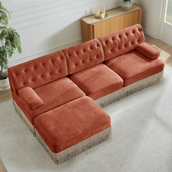 English Elm 3-seater Velvet Modular Sectional with Button Tufting Tassel Skirt and Wooden Base Red+Brown W714S01723