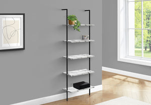 English Elm Bookshelf, 5-Tier Ladder Design With White Marble-Look Shelves & Black Metal Frame For Modern Spaces B2710P219407