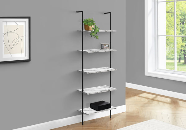 English Elm Bookshelf, 5-Tier Ladder Design With White Marble-Look Shelves & Black Metal Frame For Modern Spaces B2710P219407