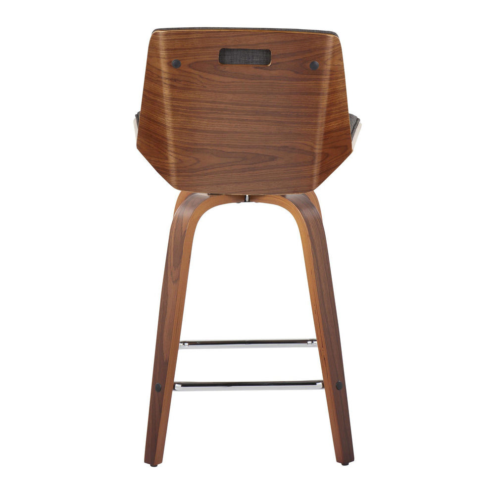 English Elm Corazza Mid-Century Counter Stool 24" Swivel Pair — Walnut Legs, Charcoal Upholstery, Chrome Footrest B202S00032