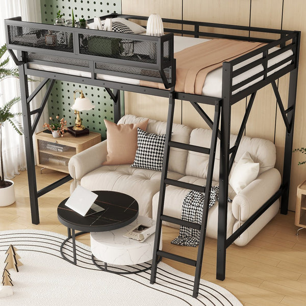 English Elm Queen Size Metal Loft Bed with Ladder and Built-In Storage Shelves, Sturdy High Bed for Teens 99" Black W2580P379983