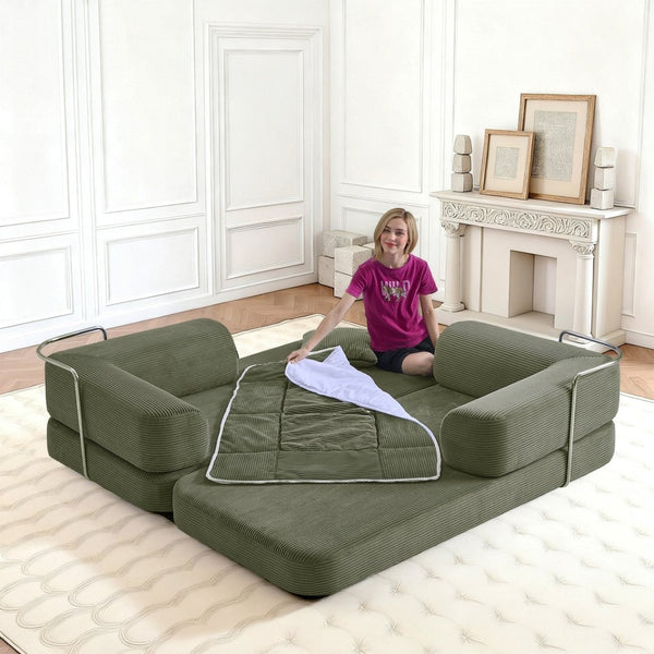 English Elm Floor Sofa Bed Modular Corduroy Convertible Lounge with Steel Frame for Living Room Antique Green W3565P397194
