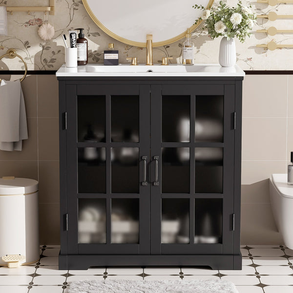 English Elm Christopher Knight Home® - 30" Modern Bathroom Vanity with Ceramic Sink, Tempered Blurred Glass Doors, Rubber Wood Frame Storage Matte Black N817P279904B