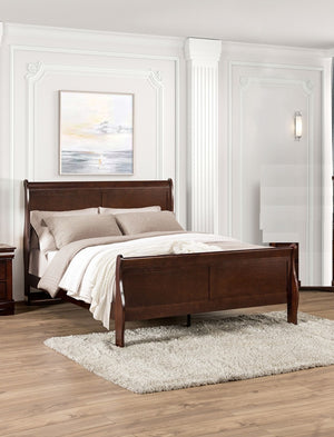 English Elm Dark Sleigh Bed Queen Size Elegant Louis Philippe Wooden Frame with Curved Headboard and Footboard, Classic Bedroom Centerpiece Cherry 27 L x 63 W x 6 H B2741S00579