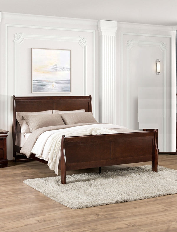 English Elm Dark Sleigh Bed Queen Size Elegant Louis Philippe Wooden Frame with Curved Headboard and Footboard, Classic Bedroom Centerpiece Cherry 27 L x 63 W x 6 H B2741S00579