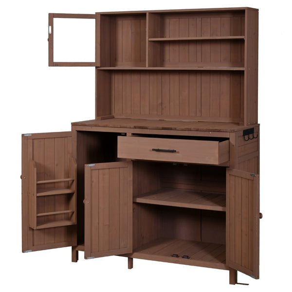 English Elm (with Hutch) Topamx Solid Fir Potting Bench Patio Workstation Spice Rack Drawer Brown N717P404330D