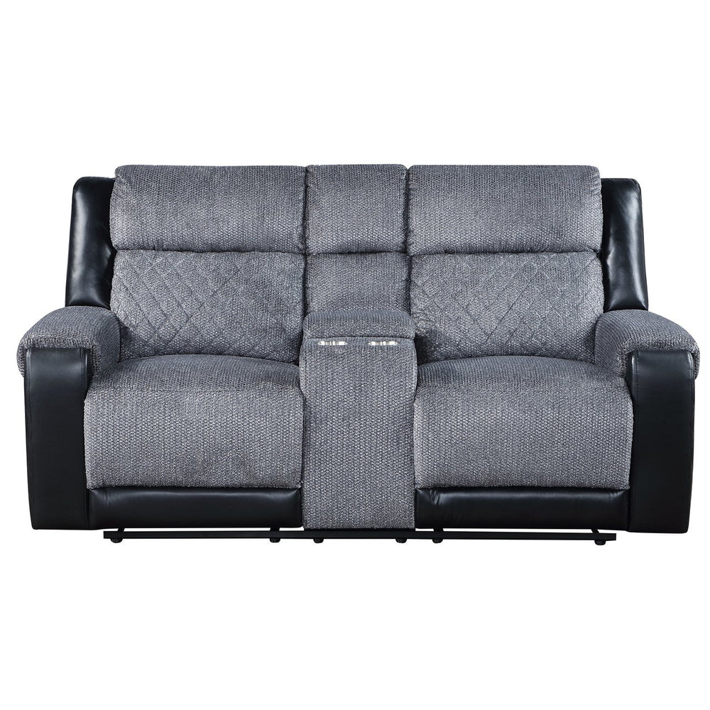 English Elm ALICIA Gray/Black Console Reclining Loveseat with Center Console, Two-Tone Fabric, Transitional Comfort B201P216024