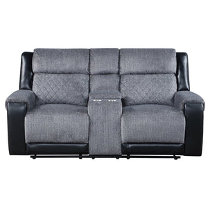 English Elm ALICIA Two-Tone Gray/Black Reclining Sofa and Loveseat Set — Glider Recliners, Faux Leather Glam Comfort B201S00149