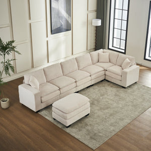 English Elm Modern U Shaped 6-Seat Sectional Sofa with Ottoman and 3 Toss Pillows, Corduroy Modular Comfort and Durable Frame White W2363S00039
