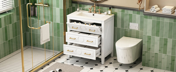 English Elm 30'' Bathroom Vanity with Ceramic Sink, Solid Wood Frame Retro Style Vanity with 3 Drawers & Gold Handles White N710P246209K