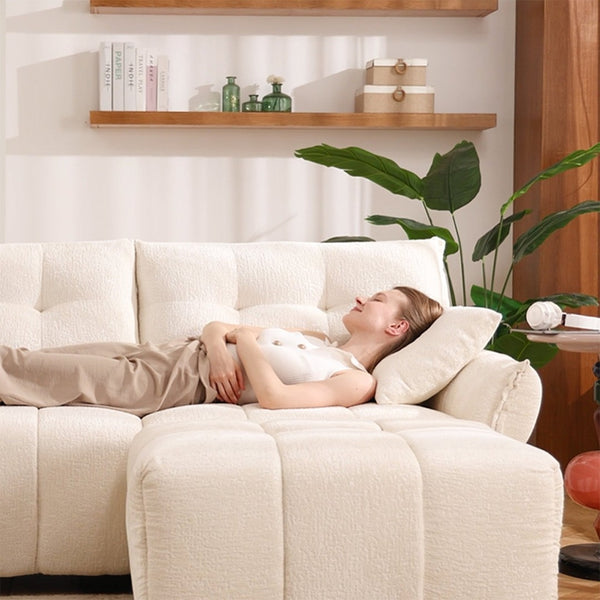 English Elm Three Seater Chenille Sofa with Ottoman Solid Wood Base Tufted Arms Living Room White W714S01653