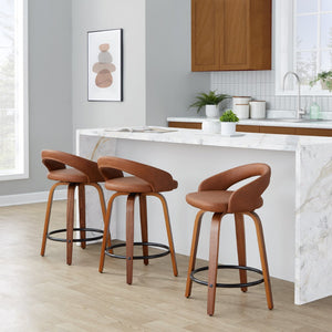 English Elm Fixed-height Swivel Counterstools Walnut Frame Camel Faux Leather Kitchen Bar Set B202S01750