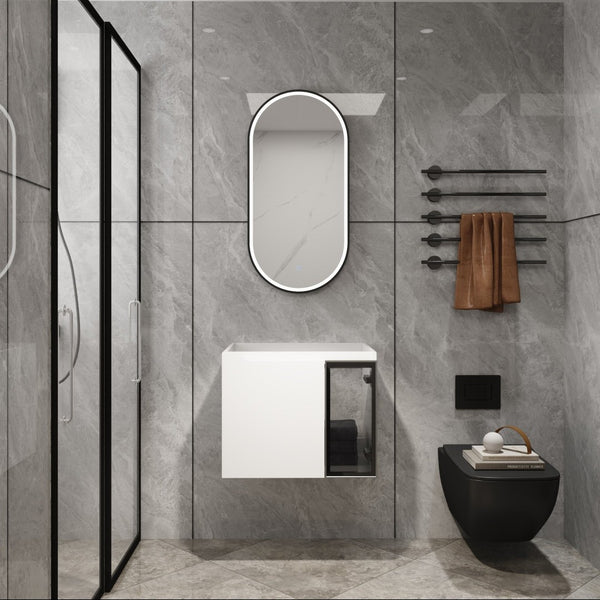 English Elm 24" Floating Bathroom Vanity Glossy White Plywood Cabinet with Grey Glass Doors W999P387157