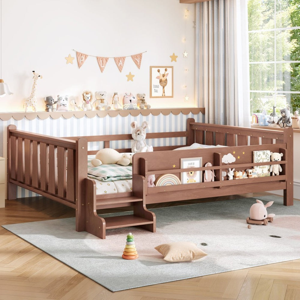 English Elm Queen Bunk Bed with Trundle Solid Pine Kids Car Themed Frame Built-in Bookshelf Natural W1580S00537