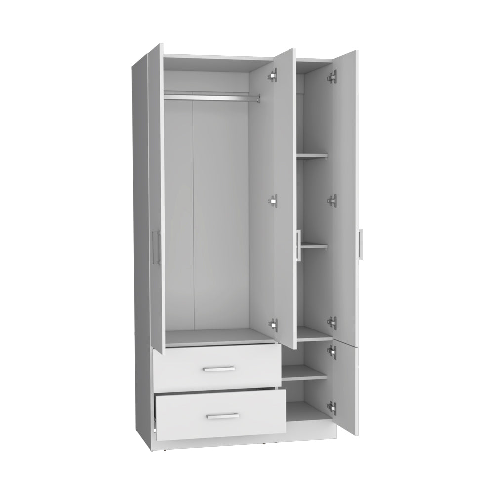 English Elm Four Door Armoire Crosby White — Spacious Engineered Wood Closet with Hanging Rod, Shelves & Drawers for Organized Bedroom Storage B092S00265