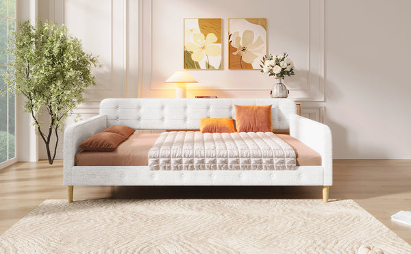 English Elm Queen Upholstered Daybed with Tufted High Sideboard, Linen Finish, Solid Wood Frame, 800lb Capacity Beige N7500001850K