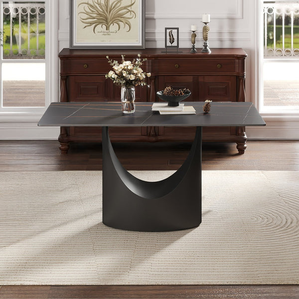 English Elm 55.12"Modern Sintered Stone Dining Table with Bronze Iron Legs — Sleek Rectangular Top, Seats 6, 400 lb Capacity Black W1535S00564