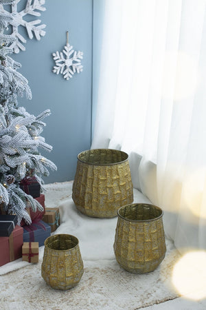 English Elm Set of 3 Distressed Zinc Metal Planters with Aged Golden Finish for Farmhouse Decor W2078P499531