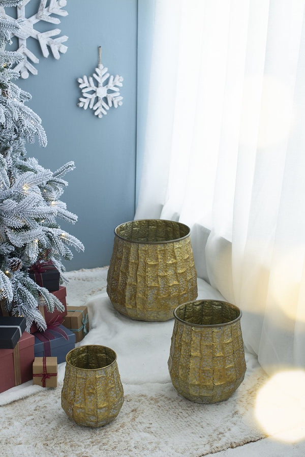 English Elm Set of 3 Distressed Zinc Metal Planters with Aged Golden Finish for Farmhouse Decor W2078P499531