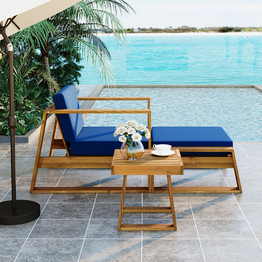 English Elm U_STYLE Acacia Wood Outdoor Lounge Set with Removable Cushions, All-Weather Chaise for Patios Gardens Natural+Grey WY000431AAE