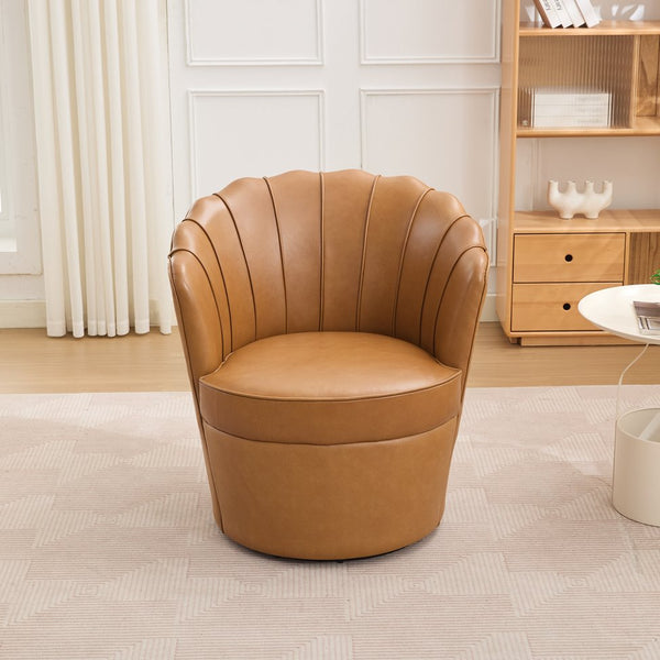 English Elm Light Brown Petal Swivel Chair — 360° Metal Base, Top-Grain Leather Wingback, Fluted Curve Accent Seat W570P375734