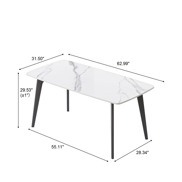 English Elm 62.99" Modern Artificial Stone Dining Table With Curved White Top & Black Metal Legs For 6 People W1535S00515
