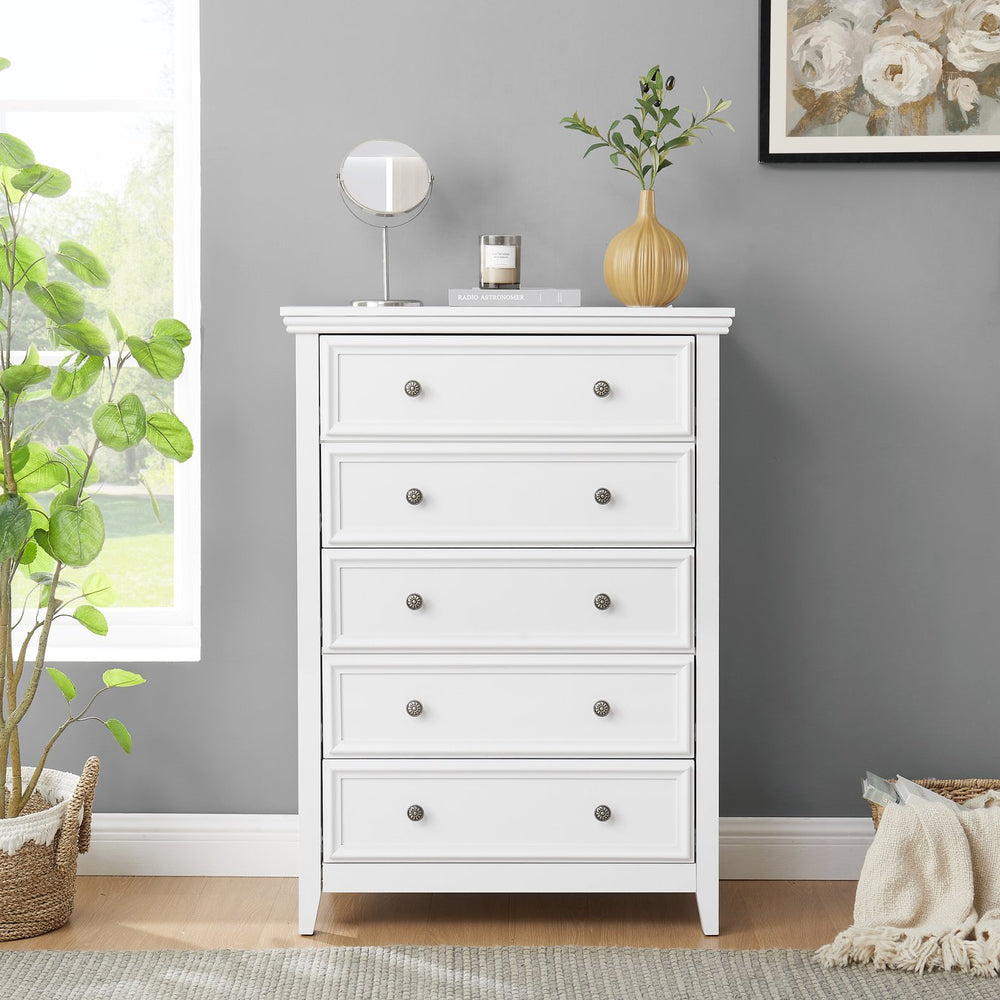 English Elm Modern 5 Drawers Dresser with Smooth Glide Drawers, Stylish Metal Handles & Unique Stable Feet Organizer for Bedroom and Living Room Storage (45.87"L x 20.08"W x 11.03"H) White W2275P149803