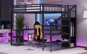English Elm Metal Queen Loft Bed with Wardrobe, LED Light, L-Shaped Desk and USB Ports for Space-Saving Rooms Black 65.75 L x 17.52 W x 6.3 H W2593S00043