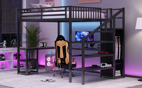 English Elm Metal Queen Loft Bed with Wardrobe, LED Light, L-Shaped Desk and USB Ports for Space-Saving Rooms Black 65.75 L x 17.52 W x 6.3 H W2593S00043