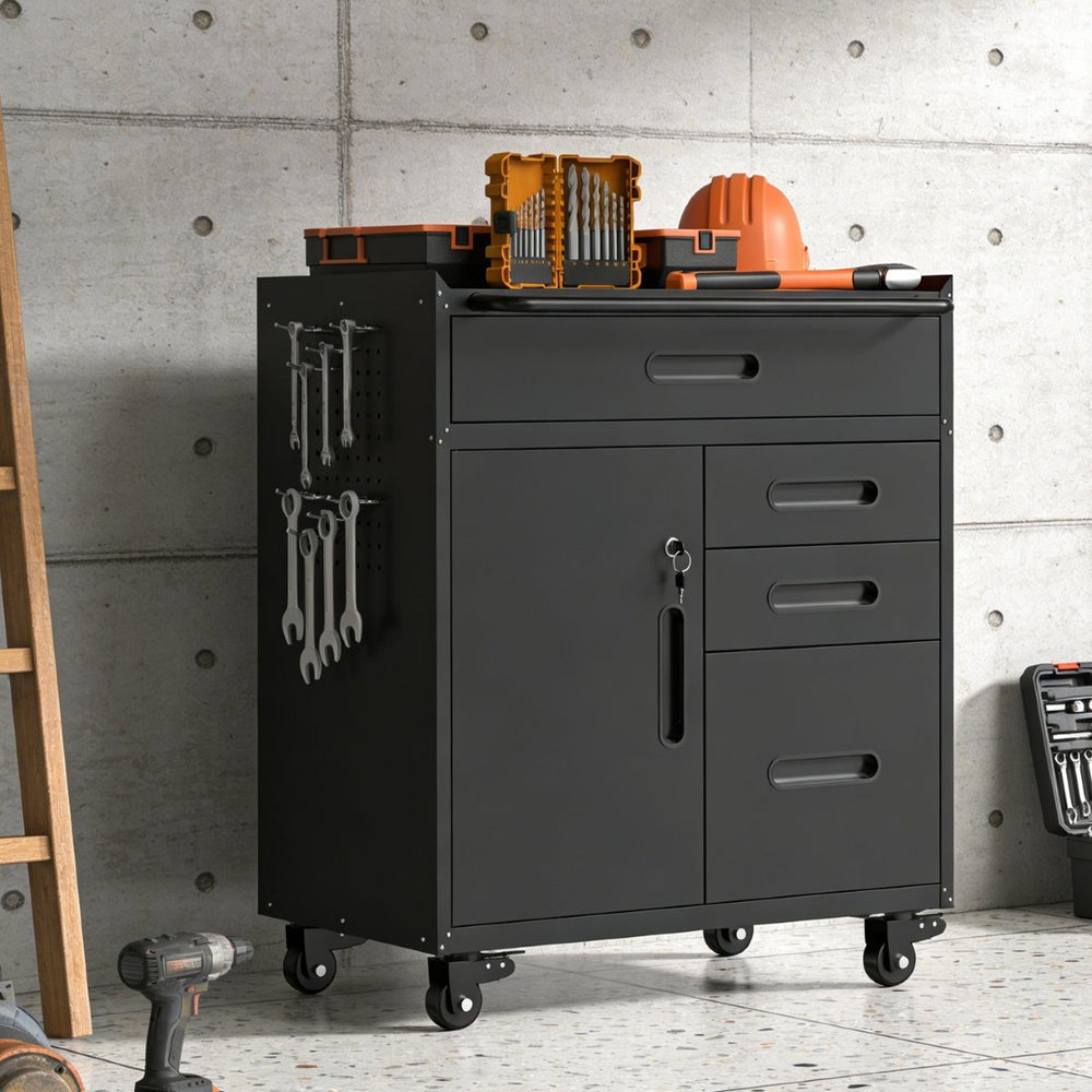 English Elm 34.3" Rolling Steel Workshop Cabinet with 3 Drawers Lockable Doors and Pegboard Sides W2735P428817