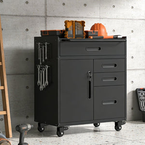 English Elm 34.3" Rolling Steel Workshop Cabinet with 3 Drawers Lockable Doors and Pegboard Sides W2735P428817