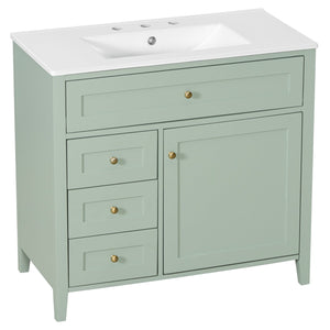 English Elm 36-Inch Green Bathroom Vanity With Sink - Modern Mdf & Rubberwood Freestanding Storage Solution N725P350821F