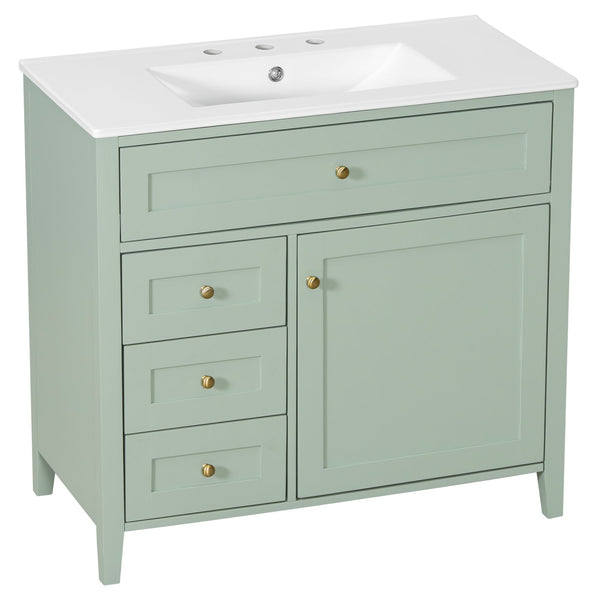 English Elm 36-Inch Green Bathroom Vanity With Sink - Modern Mdf & Rubberwood Freestanding Storage Solution N725P350821F