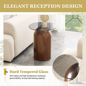 English Elm Small Round Tempered Glass Top Mid Century Modern Accent Table for Living Room or Office W2920P438805