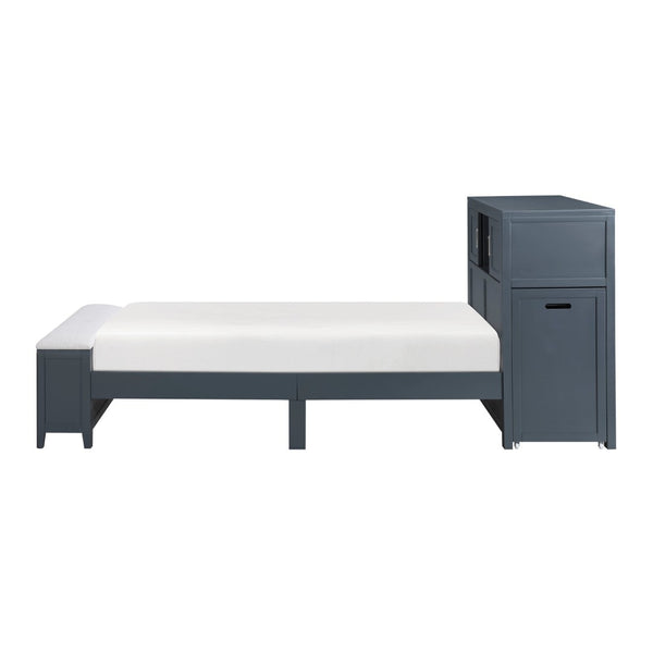 English Elm Gray Twin Platform Bed with Bookcase Headboard Hidden Desk Stool and Footboard Bench Navy Blue B011S02312