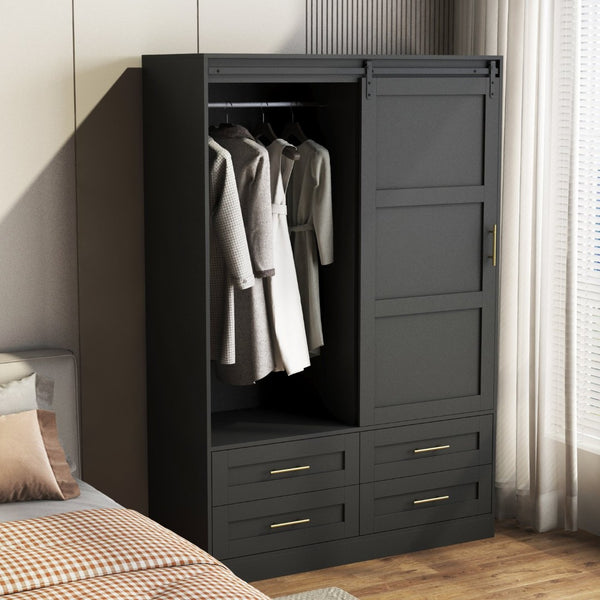 English Elm Tall Farmhouse Wardrobe Armoire with Sliding Barn Doors Drawers and Hanging Rod W1321S00045