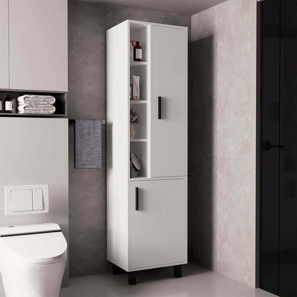 English Elm Stanton Tall Storage Cabinet, Two Doors + Three Open Shelves in Kronos White — Slim, Durable Organizer B200P335363