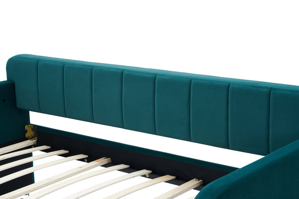 English Elm Twin Upholstered Daybed with Trundle Sofa Bed for Guest Room, Pine Wood Frame, Velvet Upholstery, Sturdy Slat Support and Full-Length Comfort Emerald W1361S00024