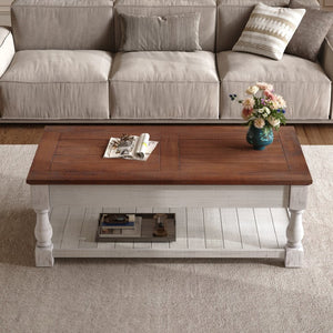 English Elm Farmhouse Coffee Table Solid Planked Wood with Open Shelf Square Baluster Living Room Antique Espresso,Antique White W1445P362858