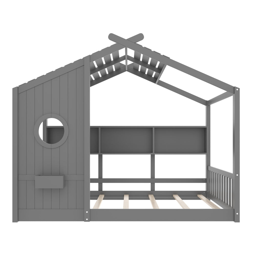 English Elm Full House Floor Bed with Roof Playhouse Design, Montessori Style with Rear Storage Shelf, Sturdy Pine Gray 78.5 L x 16.35 W x 8 H N733P335068E