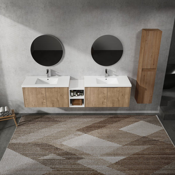 English Elm 84" Wall-Mounted Bathroom Vanity Set With Soft-Close Doors, Dual Sinks & Abundant Storage Space W999S00233