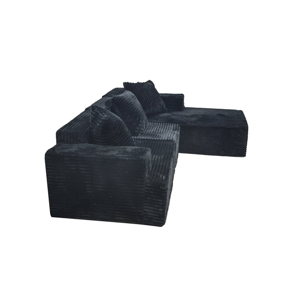 English Elm Compression Sectional Couch Plush Corduroy Chaise L-Shape Sleeper, Deep Seat Modular Sofa Black W3341P346292