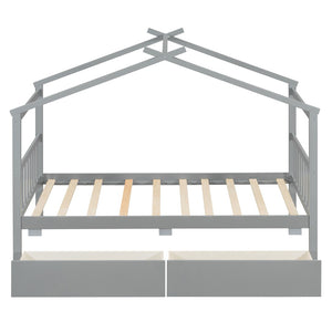 English Elm Twin House Bed Solid Pine Kids Cottage Frame with Storage Drawers Imaginative Room Gray N708P309245E